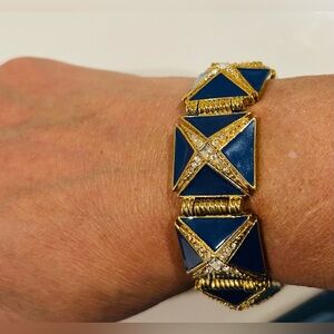 Vintage Hutton Wilkinson Gold Tone & Royal Blue Enamel Blue Geometric Bracelet